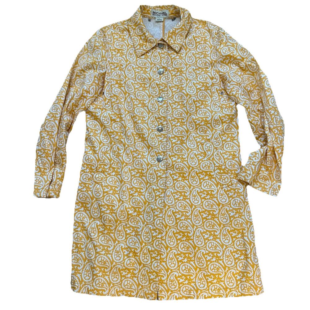 Michael Kors LARGE Yellow White Paisley Print Long Topper Dress Jacket Stretch